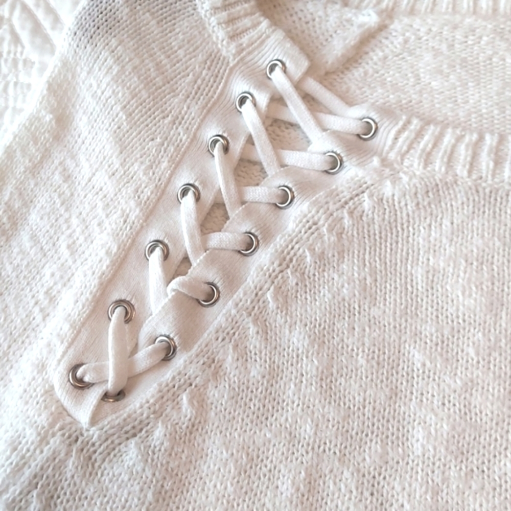 Lace-Up V-Neck Women's Sweater in White